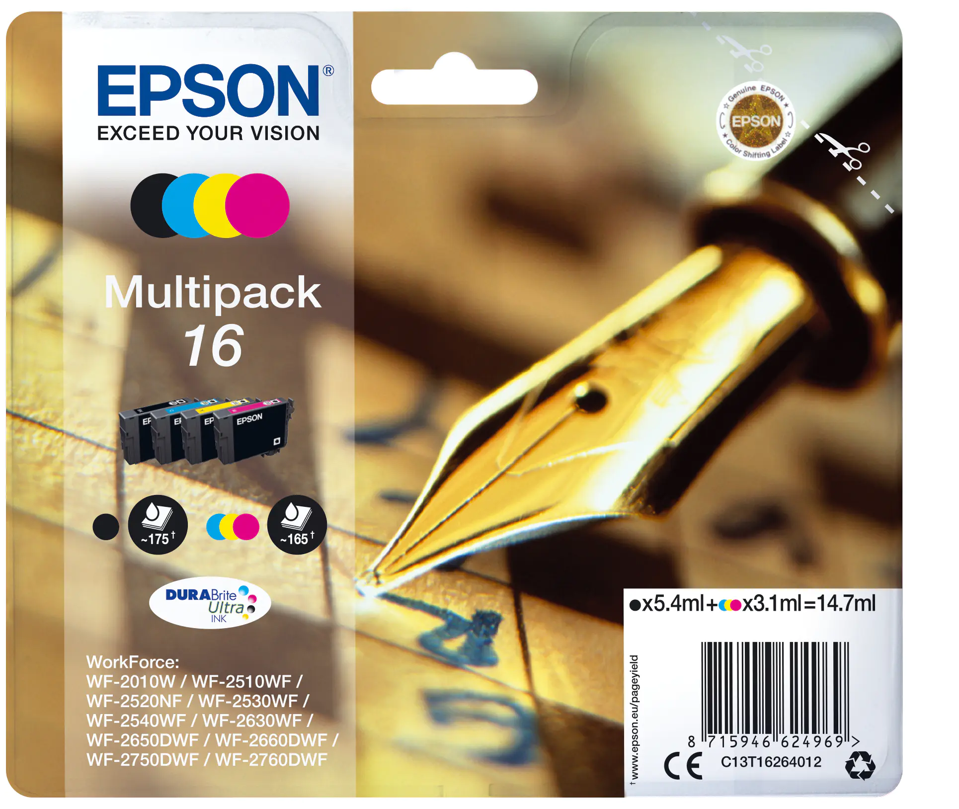 Epson 16 Multipack - 4er-Pack - Schwarz, Gelb, Cyan, Magenta - Original - Blister mit RF- / aktustischem Alarmsignal - Tintenpatrone - für WorkForce WF-2010, 2510, 2520, 2530, 2540, 2630, 2650, 2660, 2750, 2760 Epson 16 Multipack - 4er-Pack - Schwarz, Gelb, Cyan, Magenta - Original - Blister mit RF- / aktustischem Alarmsignal - Tintenpatrone - für WorkForce WF-2010, 2510, 2520, 2530, 2540, 2630, 2650, 2660, 2750, 2760