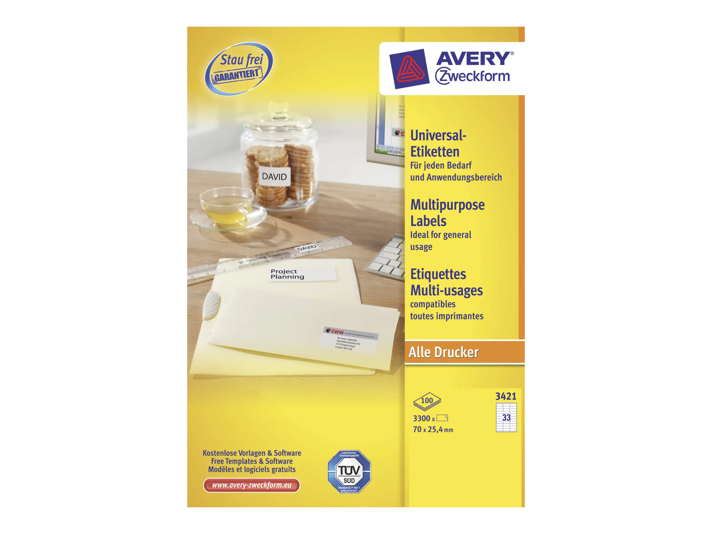Avery Zweckform Universaletikett 3421 70x25,4mm weiß 3.300 St./Pack.