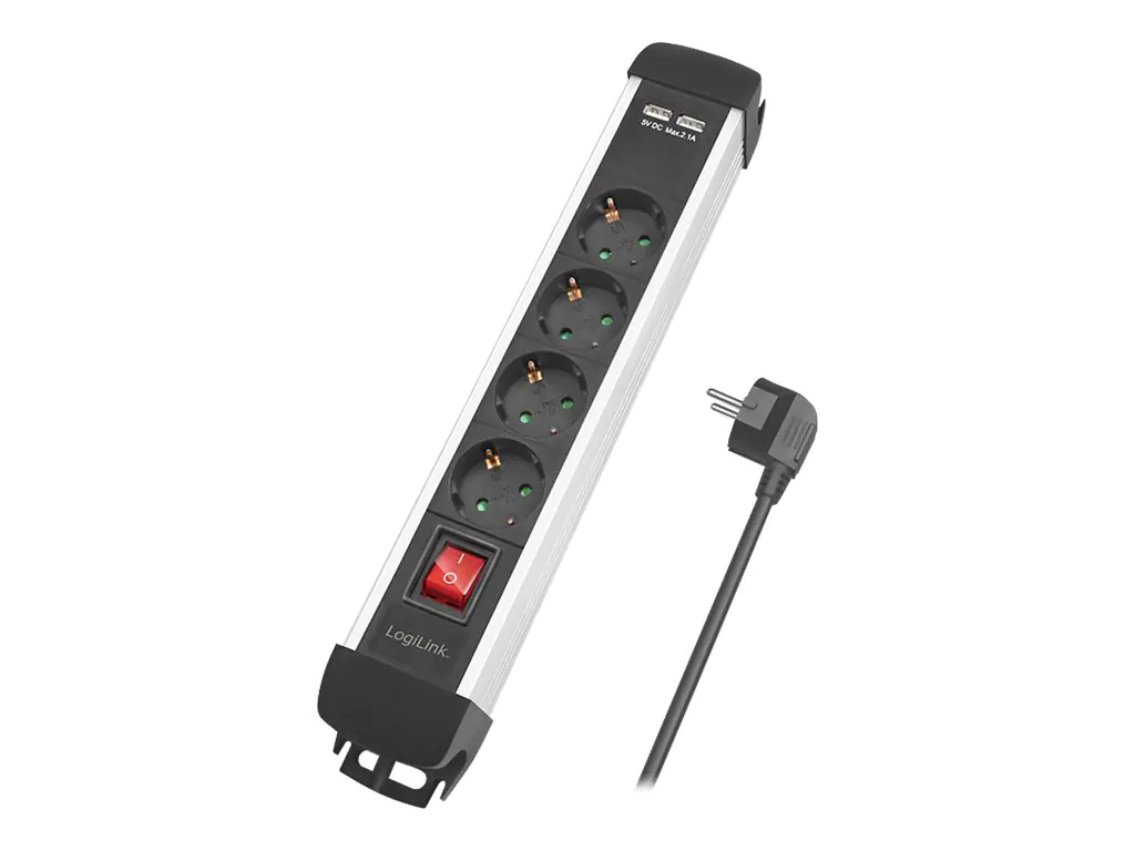 LogiLink - Steckdosenleiste - Wechselstrom 250 V - 3680 Watt - Ausgangsanschlüsse: 6 (2 x USB, 4 x Spannung) - 1.5 m Schnur - Deutschland - Black Silver