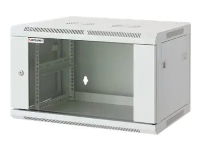 Intellinet Network Cabinet, Wall Mount (Standard), 20U, Usable Depth 500mm/Width 540mm, Grey, Assembled, Max 60kg, Metal & Glass Door, Back Panel, Removeable Sides,Suitable also for use on desk or floor, 19",Parts for wall install (eg screws/rawl