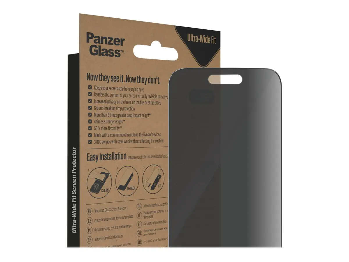 PanzerGlass - Bildschirmschutz für Handy - ultrabreite Passform - Glas - mit Sichtschutzfilter - 6.1" - Rahmenfarbe schwarz - für Apple iPhone 14 Pro