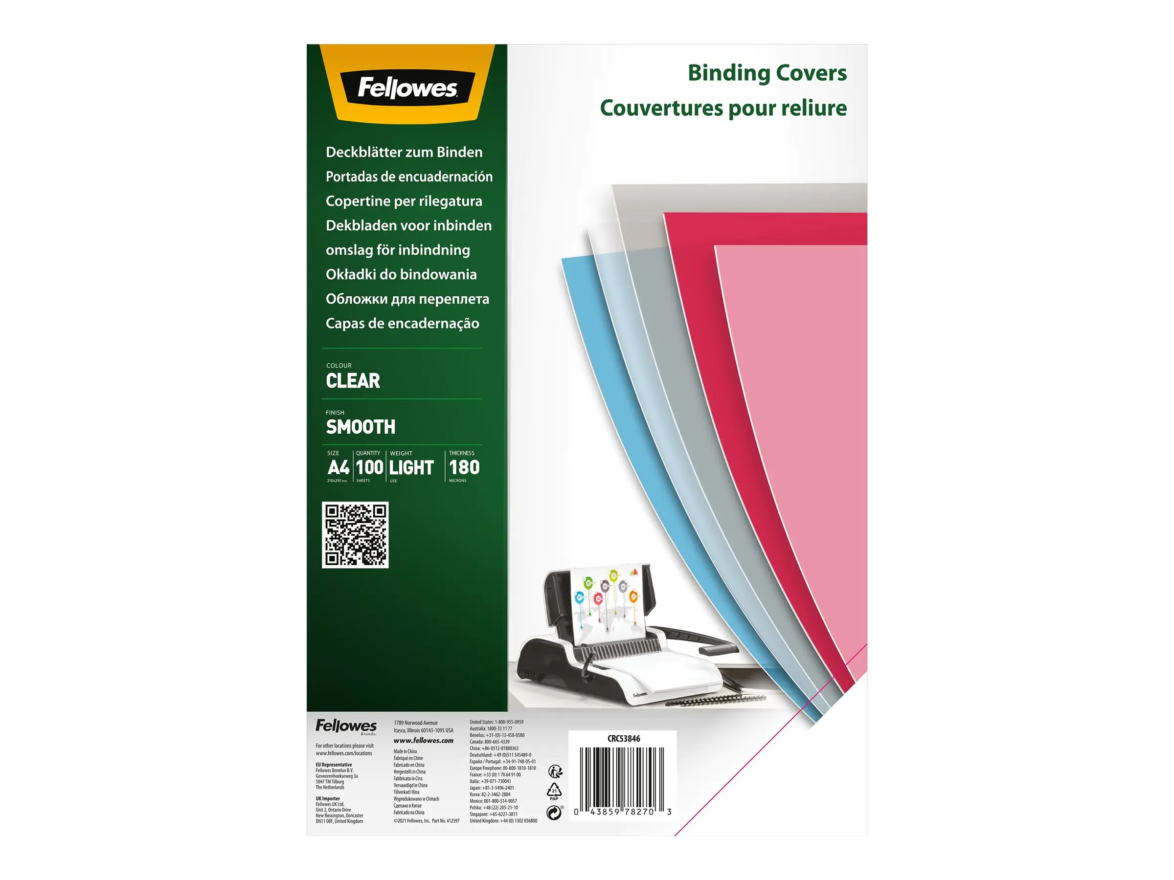 Fellowes® Deckblattfolie DIN A4 0,18mm PET transparent 100 St./Pack.
