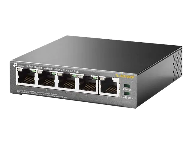 TP-Link TL-SG1005P - Switch - unmanaged - 4 x 10/100/1000 (PoE) + 1 x 10/100/1000 - Desktop - PoE (56 W) TP-Link TL-SG1005P - Switch - unmanaged - 4 x 10/100/1000 (PoE) + 1 x 10/100/1000 - Desktop - PoE (56 W)