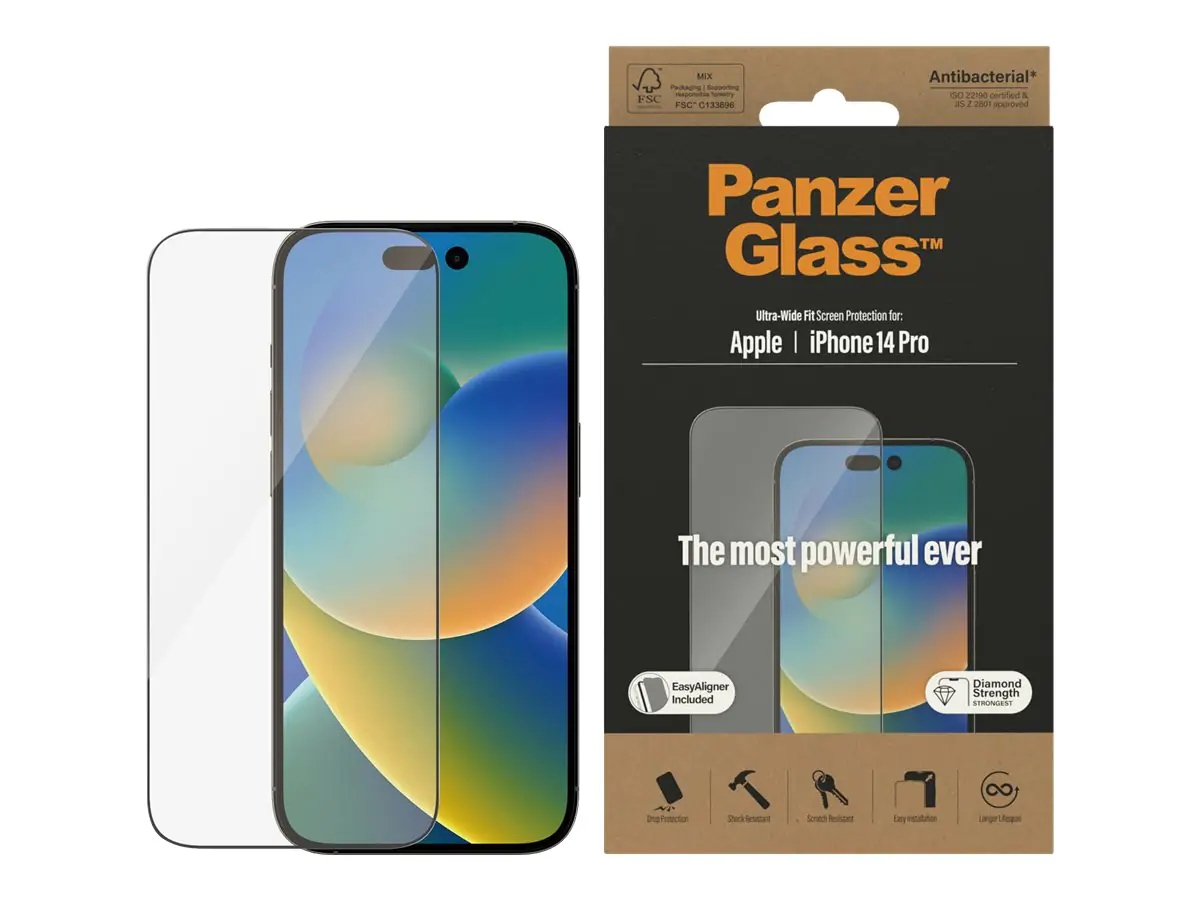 PanzerGlass - Bildschirmschutz für Handy - ultrabreite Passform - Glas - Rahmenfarbe schwarz - für Apple iPhone 14 Pro