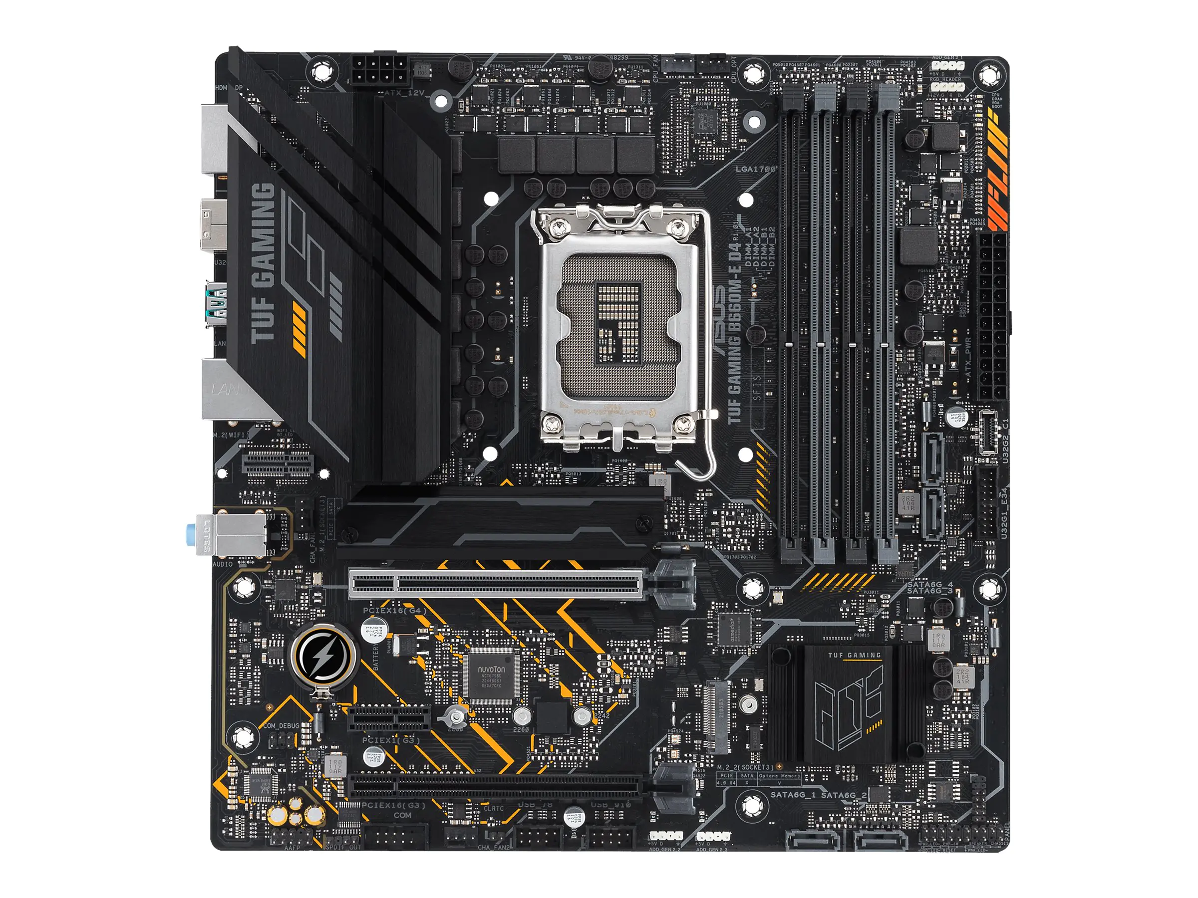 ASUS TUF GAMING B660M-E D4 - Motherboard - micro ATX - LGA1700-Sockel - B660 Chipsatz - USB-C Gen2, USB 3.2 Gen 1, USB 3.2 Gen 2 - 2.5 Gigabit LAN - Onboard-Grafik (CPU erforderlich) - HD Audio (8-Kanal)