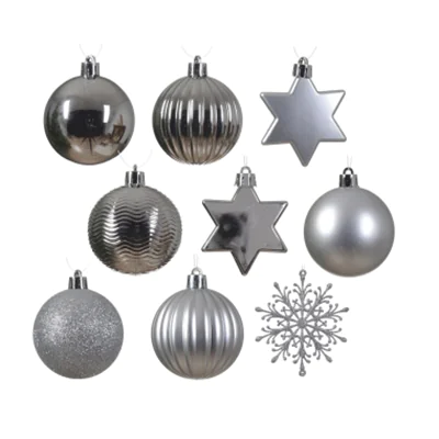 DECORIS Christbaumschmuck Mix Kunststoff silber Kugel, Stern, Schneeflocke 40 St./Pack. DECORIS Christbaumschmuck Mix Kunststoff silber Kugel, Stern, Schneeflocke 40 St./Pack.