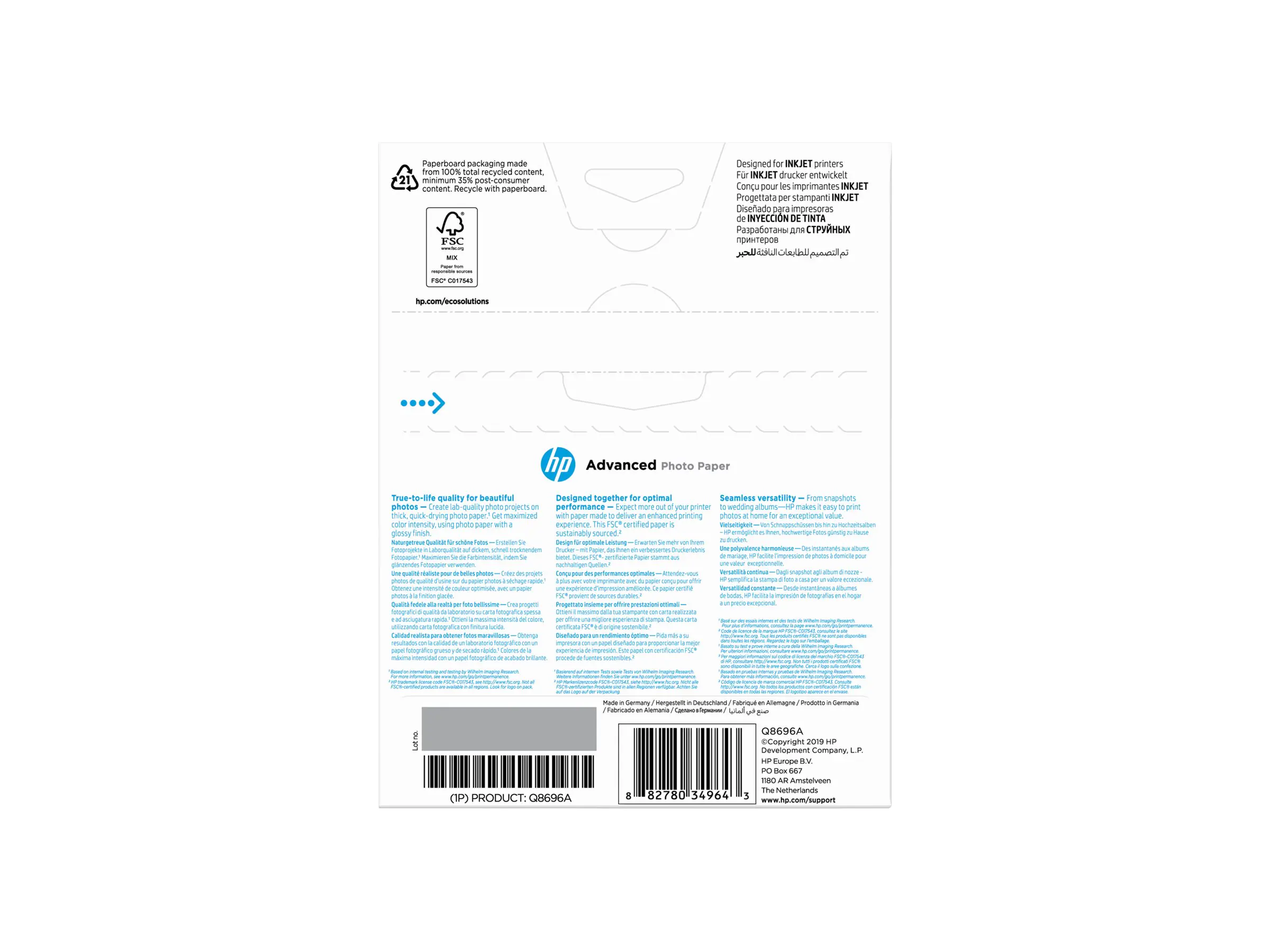 HP Fotopapier Q8696A 13 x 18 250 g/m² glänzend für Tintenstrahldrucker 25 Blatt