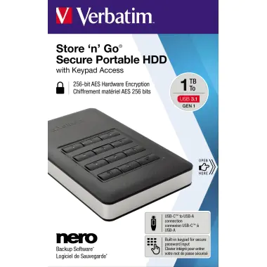 Verbatim Store 'n' Go Portable - Festplatte - verschlüsselt - 1 TB - extern (tragbar) - USB 3.1 Gen 1 (USB-C Steckverbinder) - 256-Bit-AES Verbatim Store 'n' Go Portable - Festplatte - verschlüsselt - 1 TB - extern (tragbar) - USB 3.1 Gen 1 (USB-C Steckverbinder) - 256-Bit-AES