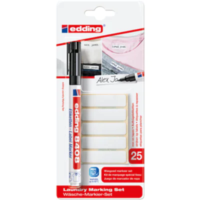 edding Textilmarker Wäsche-Markier-Set 8408 0,75mm schwarz Rundspitze inkl. 25 Aufbügeletiketten 45 x 12 mm (B x H) edding Textilmarker Wäsche-Markier-Set 8408 0,75mm schwarz Rundspitze inkl. 25 Aufbügeletiketten 45 x 12 mm (B x H)