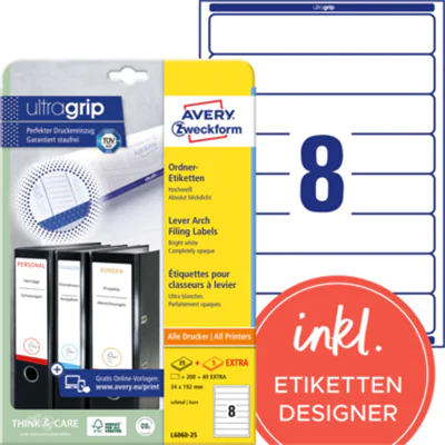 Avery Zweckform Ordneretikett L6060-25 34x192mm ws 240 St./Pack. Avery Zweckform Ordneretikett L6060-25 34x192mm ws 240 St./Pack.