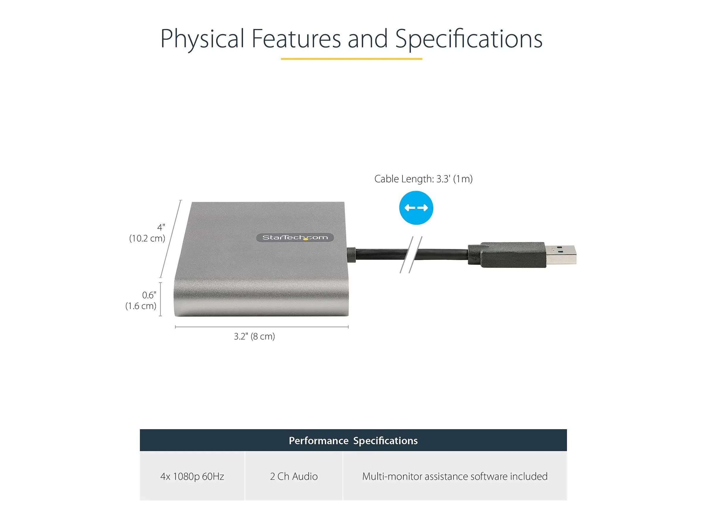 StarTech USB 3.0 auf 4x HDMI Adapter - Externe Video- und Grafikkarte - USB Typ-A auf Quad HDMI Display Adapter Dongle - 1080p 60Hz - Multi Monitor USB A auf HDMI Konverter - Windows (USB32HD4) - Adapterkabel - USB Typ A männlich zu HDMI weiblich - 1 m -