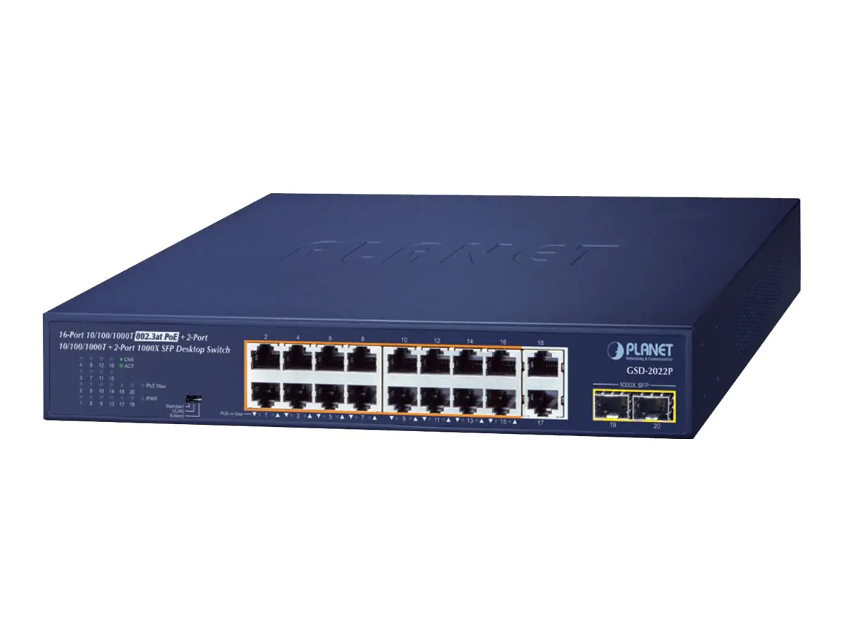 PLANET GSD-2022P - Switch - unmanaged - 16 x 10/100/1000 (PoE+) + 2 x 10/100/1000 + 2 x 1000Base-X SFP - Desktop - PoE+ (185 W)