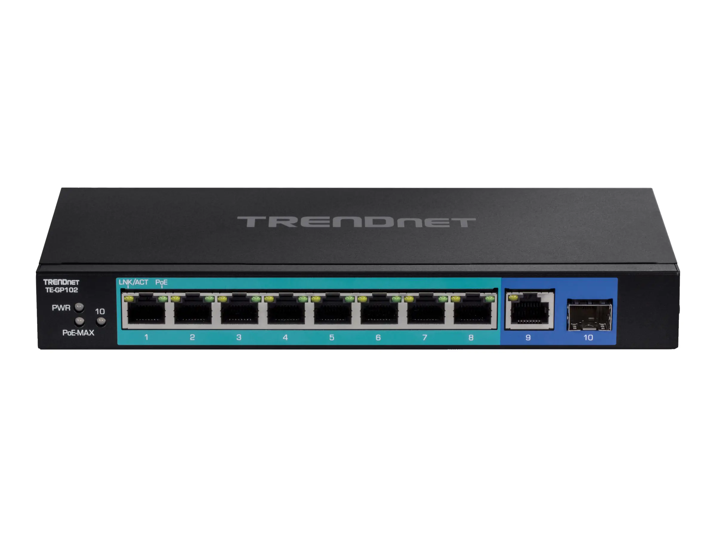 Trendnet TE GP102 - Switch - unmanaged - 8 x 10/100/1000 (PoE+) + 1 x Gigabit SFP + 1 x 10/100/1000 - Desktop - PoE+ (58 W)