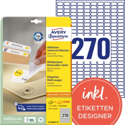 Avery Zweckform Etikett L4730REV-25 17,8x10mm weiß 8.100 St./Pack. Avery Zweckform Etikett L4730REV-25 17,8x10mm weiß 8.100 St./Pack.
