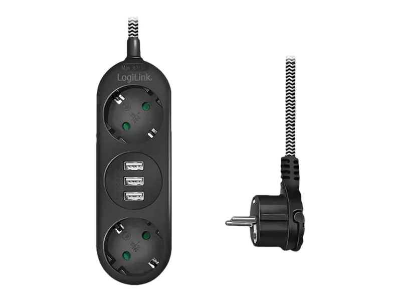 LogiLink Steckdosenleiste - Wechselstrom 250 V - 3680 Watt - Ausgangsanschlüsse: 2 (2 x CEE 7/3, 3 x USB Typ A) LPS262U