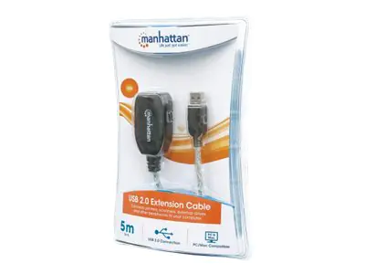 Manhattan USB-A to USB-A Extension Cable, 5m, Male to Female, Active, Translucent Silver, 480 Mbps (USB 2.0), Daisy-Chainable, Built In Repeater, Equivalent to Startech USB2AAEXT5M (except colour), Hi-Speed USB, Three Year Warranty, Blister - USB-Verlänge