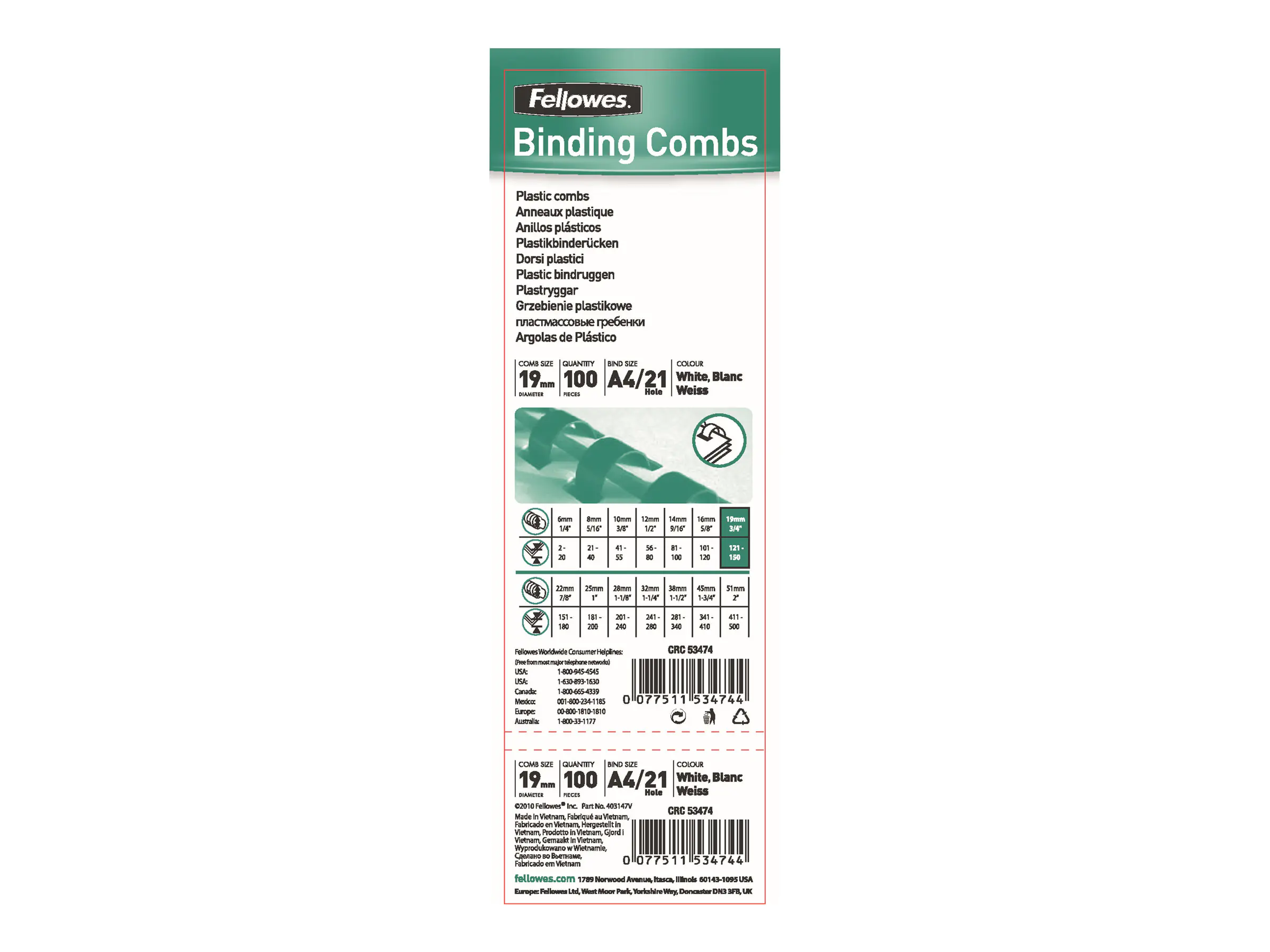 Fellowes Plastikbinderücken 5347405 DIN A4 19mm weiß 100 St./Pack.