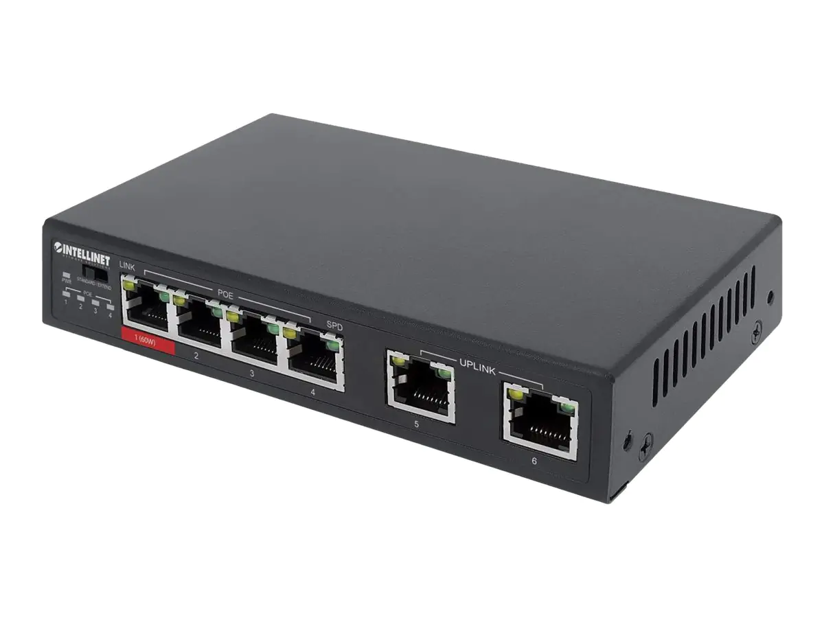 Intellinet - Switch - 3 x 10/100 (PoE+) + 1 x 10/100 (Hi-PoE) + 2 x 10/100 (Uplink) - Desktop - High PoE / PoE+ (65 W)