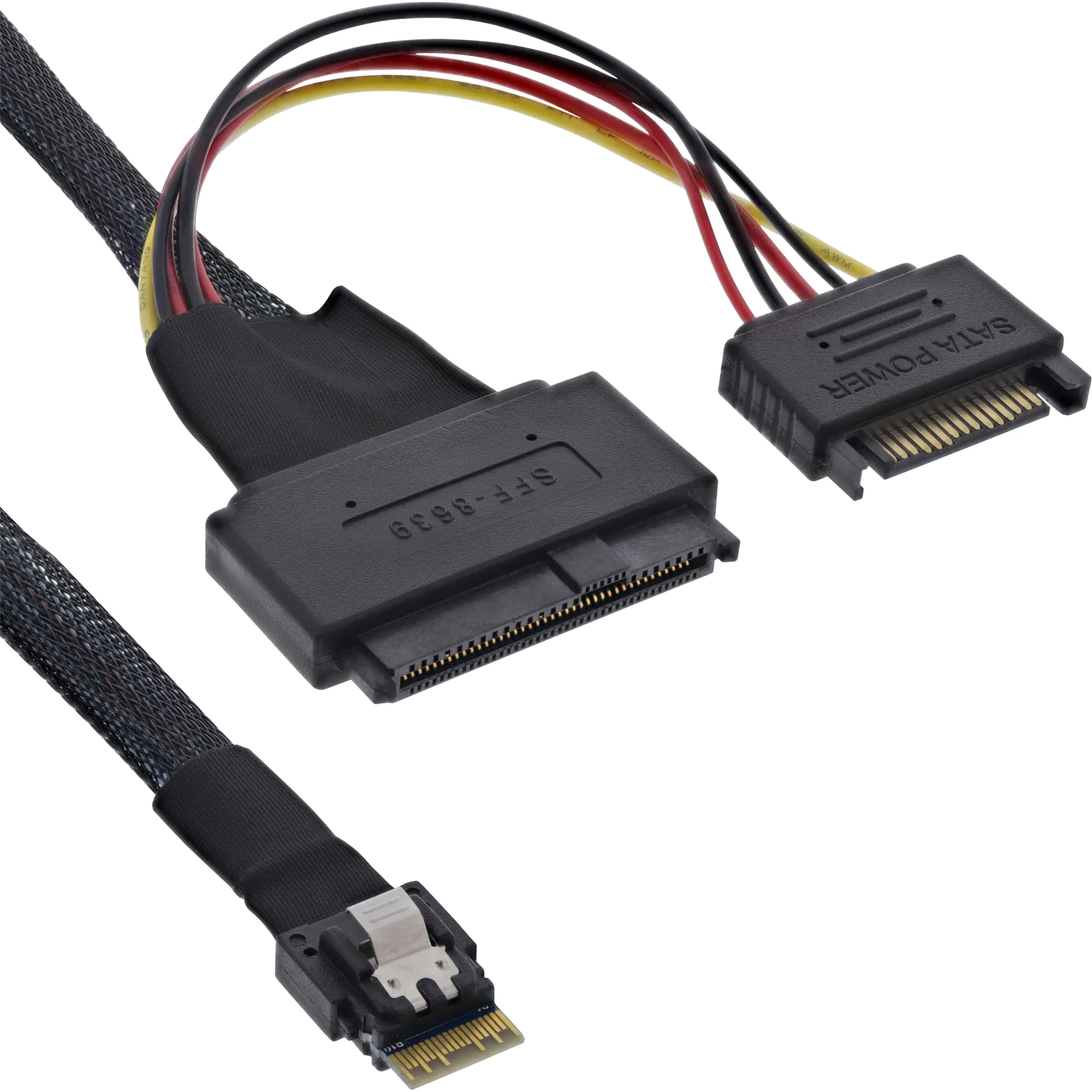 InLine - Internes SAS-Kabel - SAS 24Gbit/s - 4i Slim SAS (S) Verriegelung zu SATA-Stromstecker, U.2 (SFF-8639) - 1 m - Schwarz