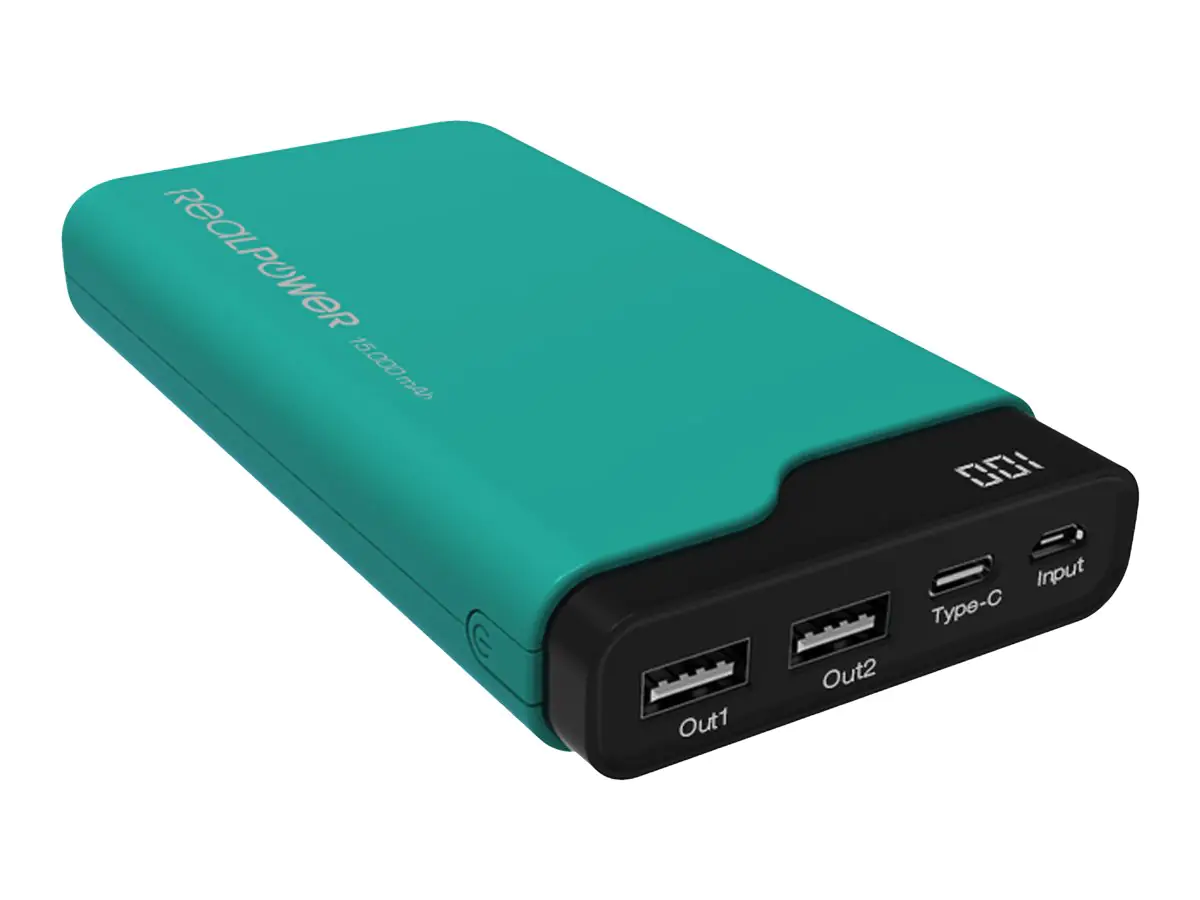 Realpower PB-15000C - Powerbank - 15000 mAh - 54 Wh - 3.1 A - 3 Ausgabeanschlussstellen (USB, 24 pin USB-C) - auf Kabel: Micro-USB, USB-C - grün