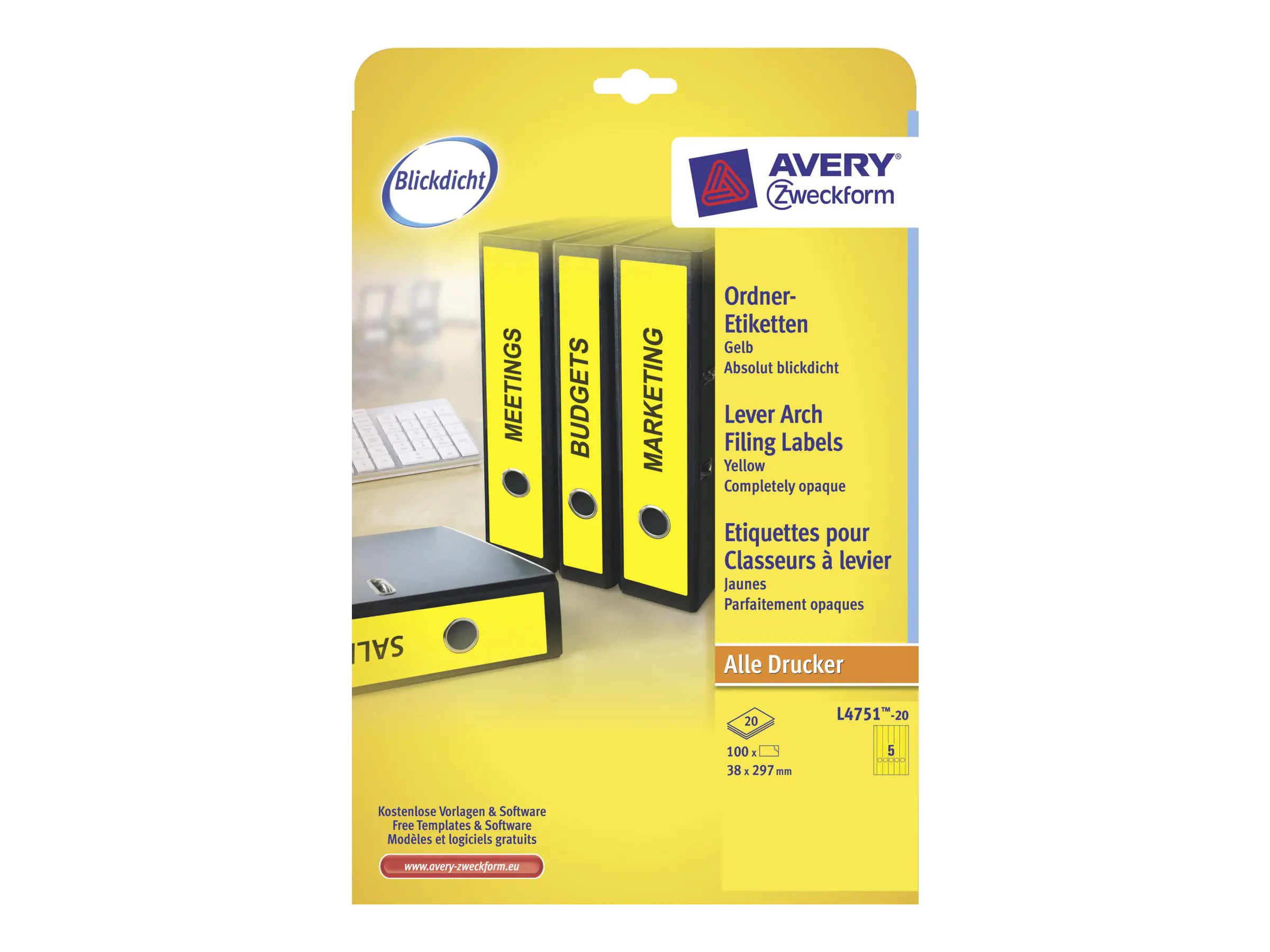 Avery Zweckform Avery File Folder Labels - Gelb - 38 x 297 mm 100 Etikett(en) (20 Bogen x 5 Aktenetiketten L4751-20