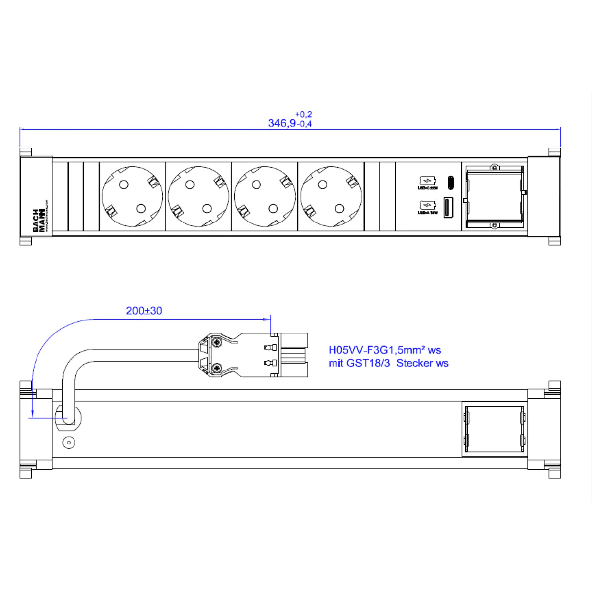 Bachmann POWER FRAME 4xCEE7/3916.7041xCM 1xUSB A/C 22W 0 2m GST18