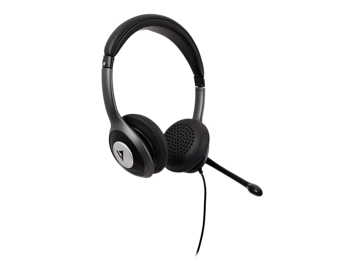 V7 Deluxe - Kopfhörer mit Mikrofon - On-Ear - kabelgebunden - USB-C - schwarz mit grauen Akzenten V7 Deluxe - Kopfhörer mit Mikrofon - On-Ear - kabelgebunden - USB-C - schwarz mit grauen Akzenten