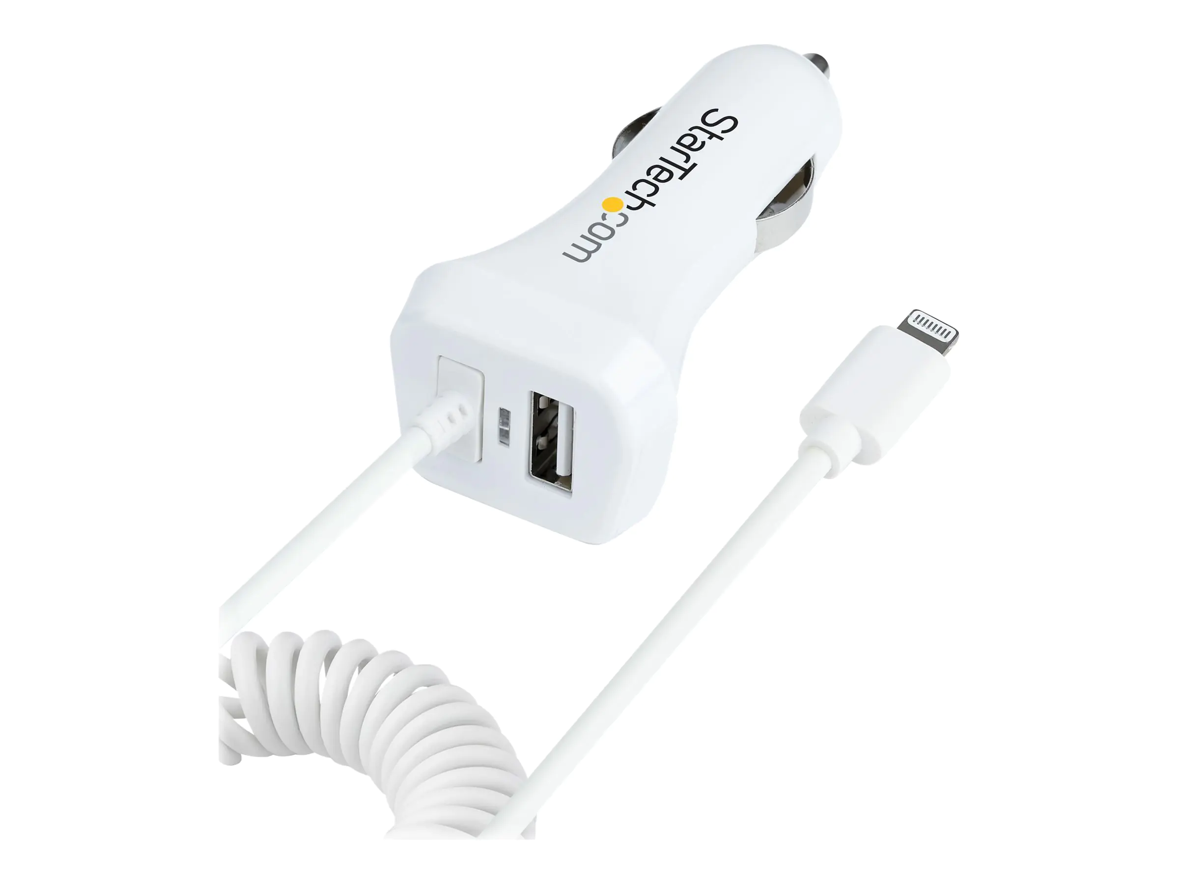StarTech Lightning Car Charger with 1m Coiled Lightning Cable, 12W, White, 2 Port USB Car Charger Adapter for Phones and Tablets, In Car Apple iPhone/iPad Charger w/ Built-in Cord - Dual USB Car Charger (USBLT2PCARW2) - Auto-Netzteil - 12 Watt - 4.2 A - 2