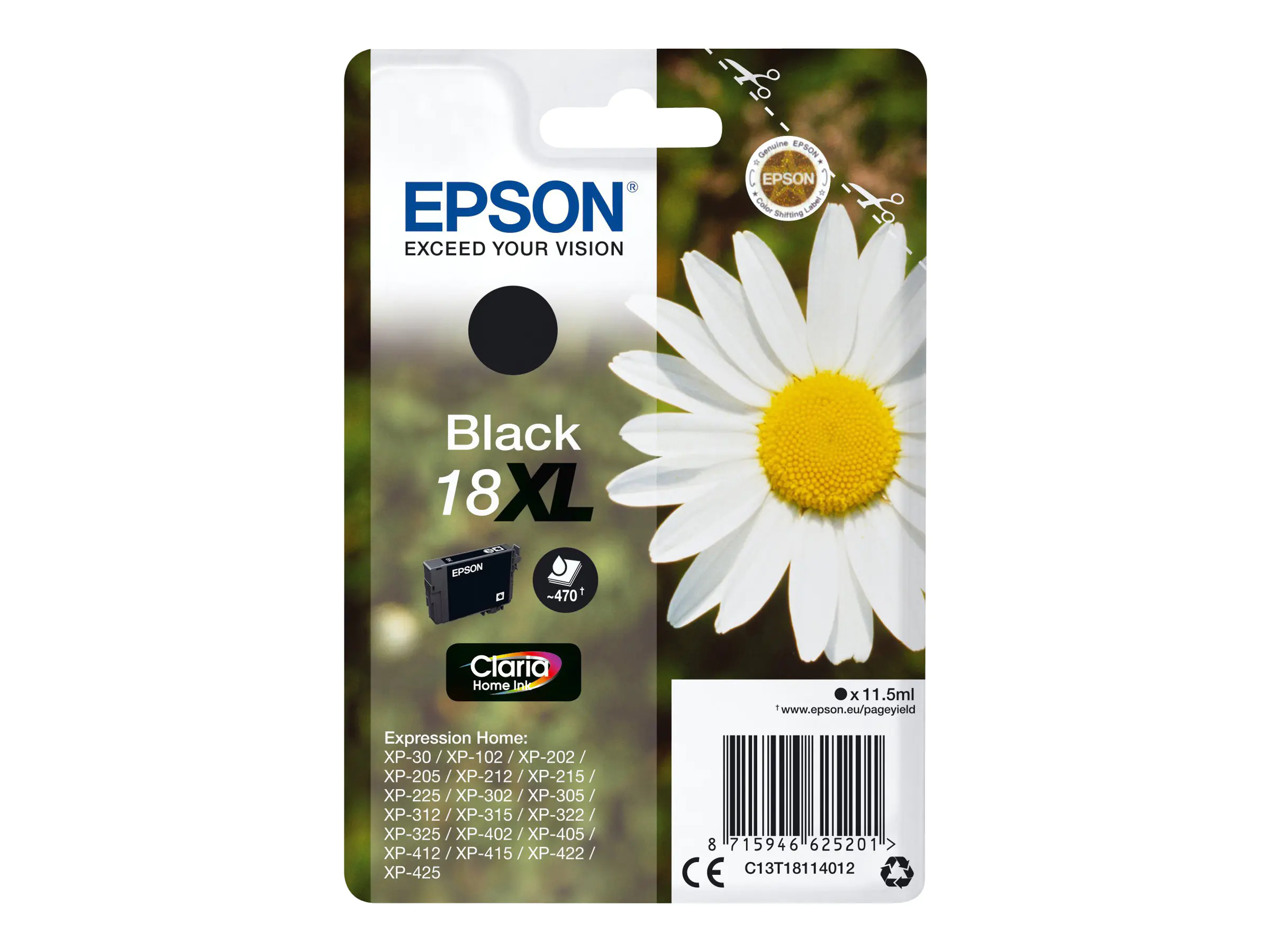 Epson 18XL - 11.5 ml - XL - Schwarz - Original - Tintenpatrone - für Expression Home XP-212, 215, 225, 312, 315, 322, 325, 412, 415, 422, 425