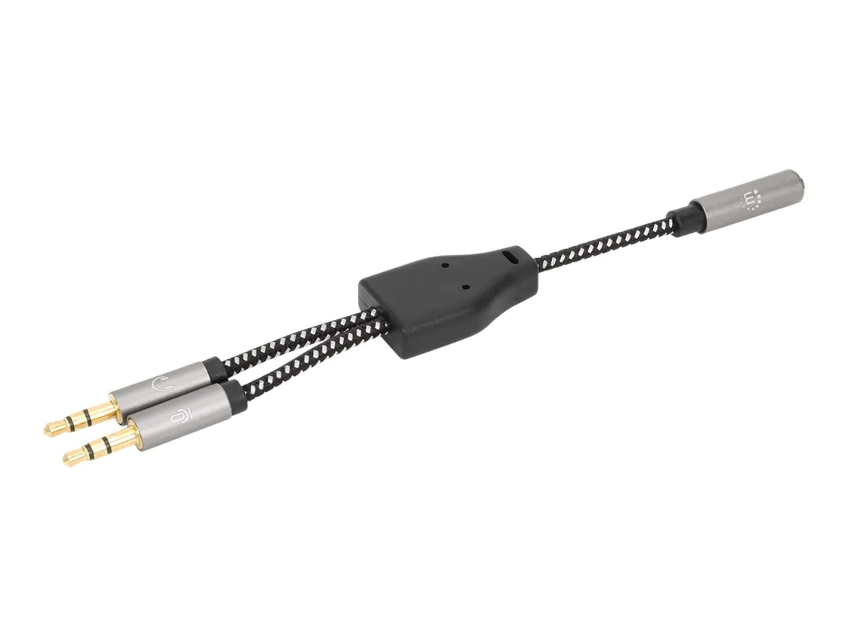 Manhattan Headset Adapter Cable with Stereo Audio Y-Splitter, 3.5mm, Aux, 15cm, Female/2x Male, Splits Single Headset Plug into Microphone and Audio Plugs, Slim Design, Black/Silver, Gold plated contacts and pure oxygen-free copper wire, Lifetime Warranty Manhattan Headset Adapter Cable with Stereo Audio Y-Splitter, 3.5mm, Aux, 15cm, Female/2x Male, Splits Single Headset Plug into Microphone and Audio Plugs, Slim Design, Black/Silver, Gold plated contacts and pure oxygen-free copper wire, Lifetime Warranty