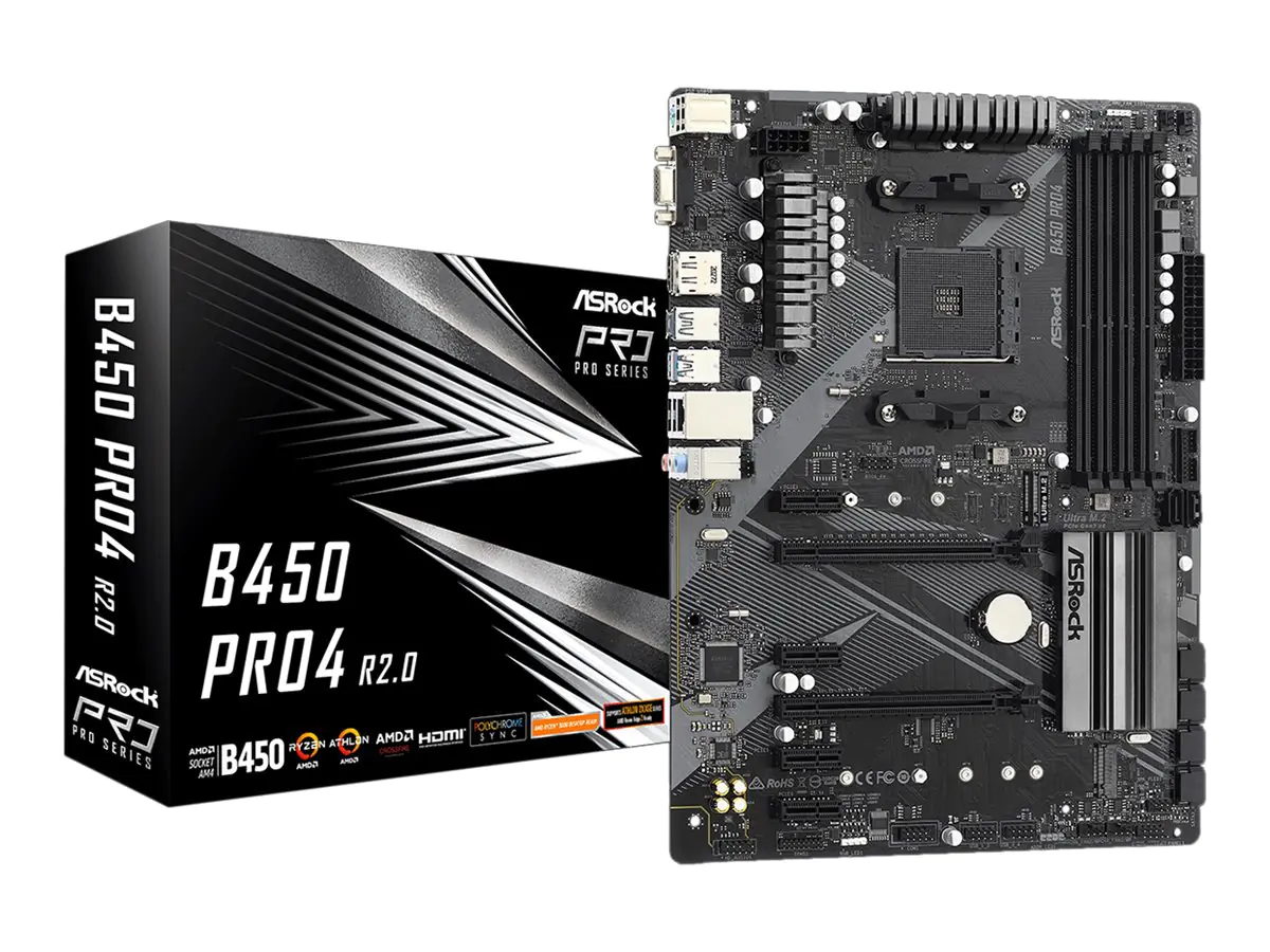 ASRock B450 Pro4 R2.0 - Motherboard - ATX - Socket AM4 - AMD B450 Chipsatz - USB 3.2 Gen 1, USB-C Gen2, USB 3.2 Gen 2 - Gigabit LAN - Onboard-Grafik (CPU erforderlich) - HD Audio (8-Kanal)