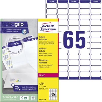Avery Zweckform Adressetikett ultragrip 38,1 x 21,2 mm (B x H) Papier weiß 6.500 Etik./Pack. Avery Zweckform Adressetikett ultragrip 38,1 x 21,2 mm (B x H) Papier weiß 6.500 Etik./Pack.