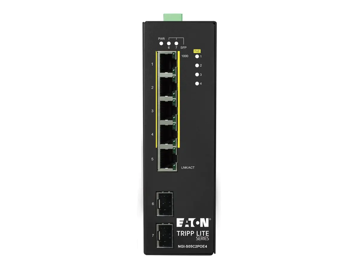 Tripp Eaton Tripp Lite series 5-Port Lite Managed Industrial Gigabit Ethernet Switch - 10/100/1000 Mbps, PoE+ 30W, 2 GbE SFP Slots, -10° to 60°C, DIN Mount - Switch - Smart - 5 x 10/100/1000 (PoE+) NGI-S05C2POE4