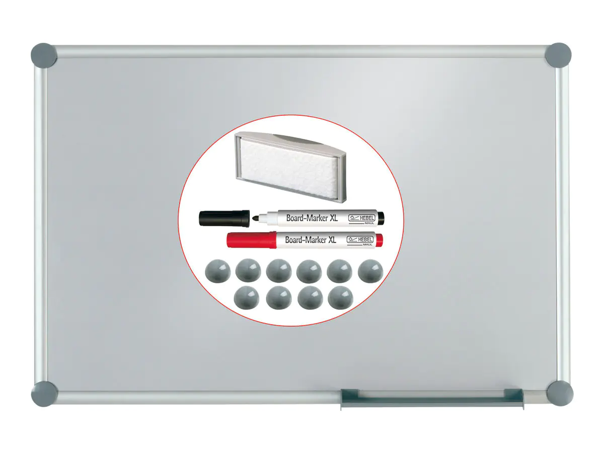 MAUL Whiteboard 2000 MAULpro Maße der Oberfläche: 180 x 90 cm (B x H) nicht beidseitig beschreibbar inkl. 2 Boardmarker (je 1 x schwarz, rot) 1 magnethaftender Tafelwischer mit Vlies-Spanneinrichtung, 10 hochglanzpolierte Kugel-Magnete (grau) Stahlblech