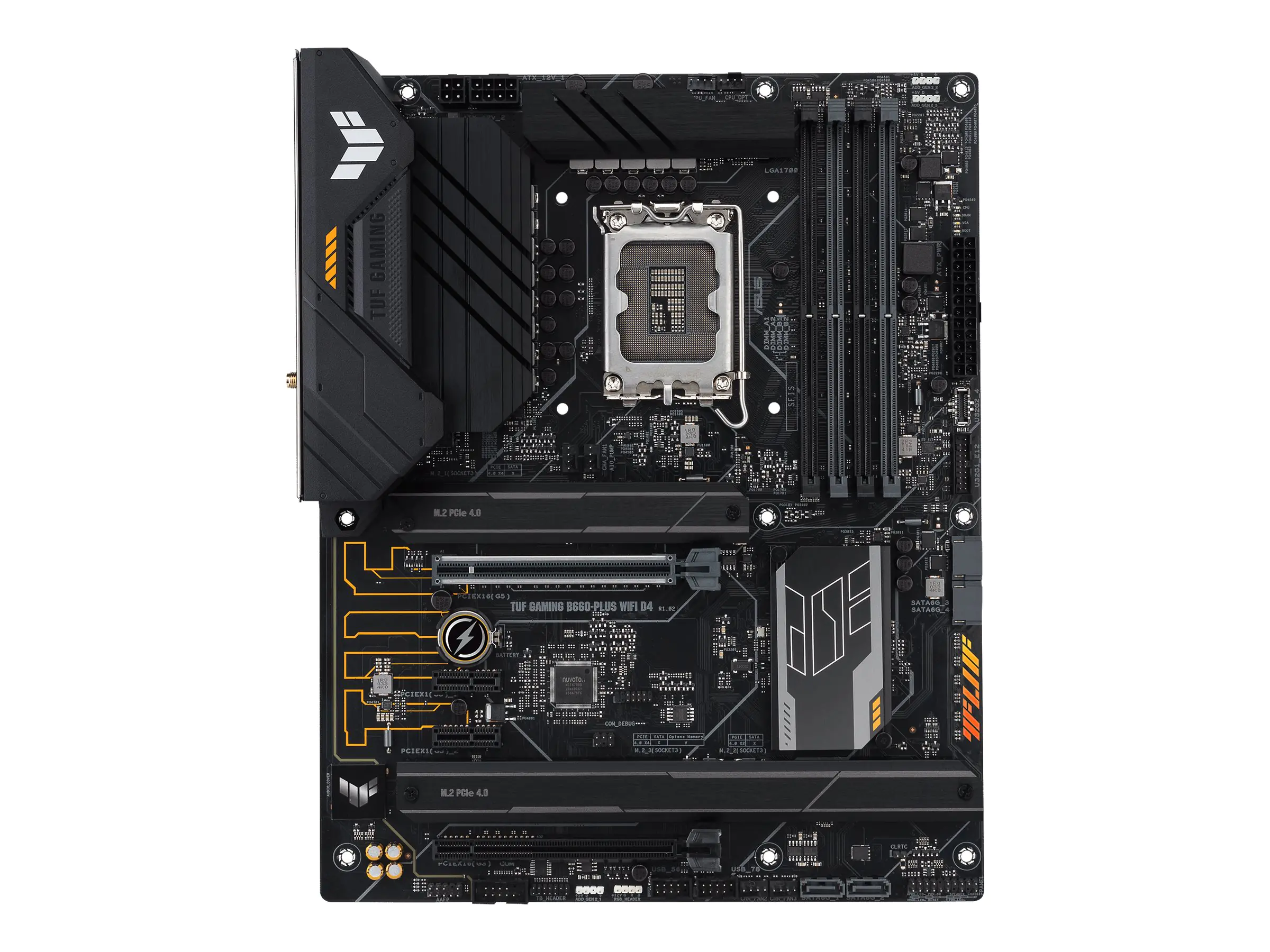 ASUS TUF GAMING B660-PLUS WIFI D4 - Motherboard - ATX - LGA1700-Sockel - B660 Chipsatz - USB-C 3.2 Gen 2x2, USB 3.2 Gen 2, USB 3.2 Gen 1, USB-C 3.2 Gen2 - 2.5 Gigabit LAN, Wi-Fi 6, Bluetooth - Onboard-Grafik (CPU erforderlich) - HD Audio (8-Kanal)