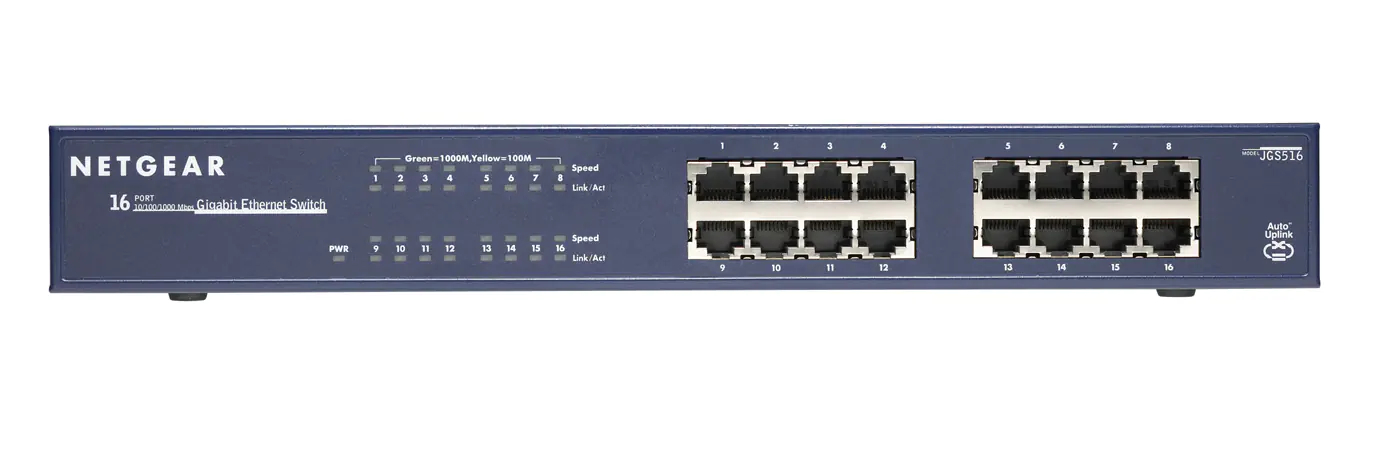 NETGEAR JGS516v2 - Switch - unmanaged - 16 x 10/100/1000 - Desktop, an Rack montierbar - AC 100/230 V