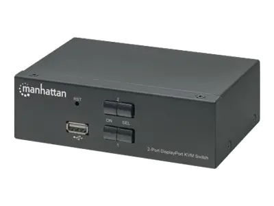 Manhattan DisplayPort 1.2 KVM Switch 2-Port, 4K@60Hz, USB-A/3.5mm Audio/Mic Connections, Cables included, Audio Support, Control 2x computers from one pc/mouse/screen, USB Powered, Black, Three Year Warranty, Boxed - KVM-/Audio-/USB-Switch - 2 x KVM/Audio