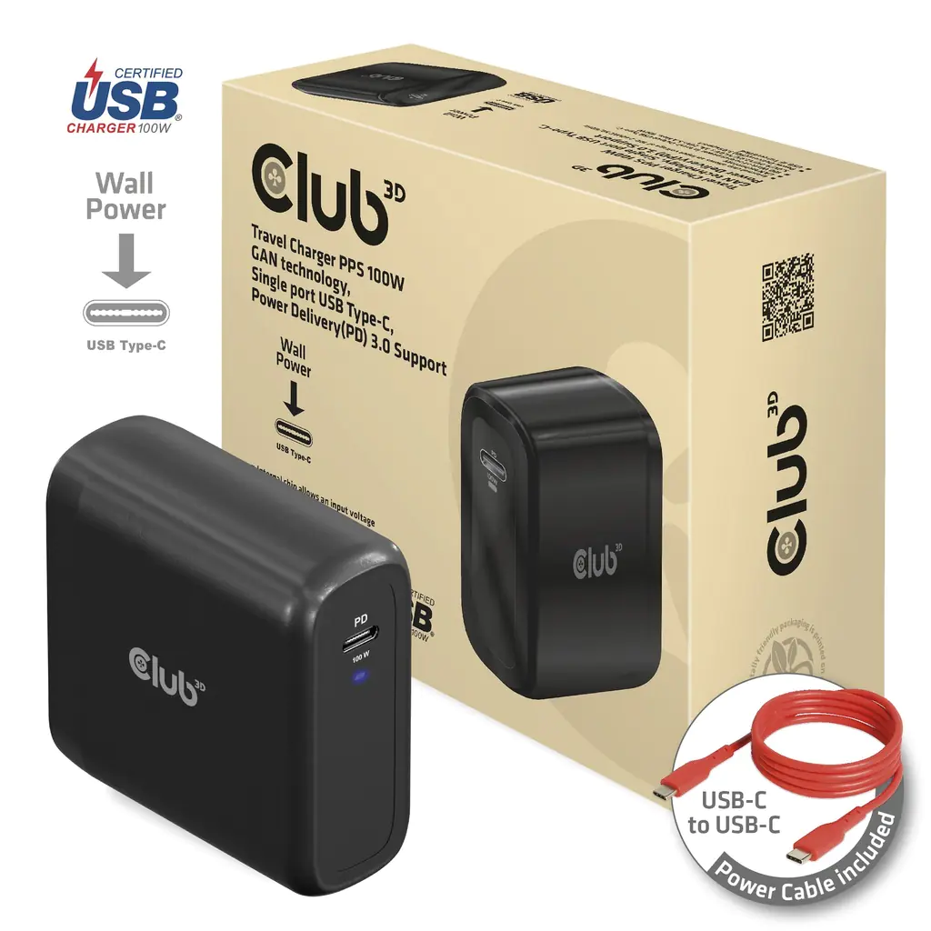 Club 3D Ladegerät 100 Watt GAN-Technologie, USB-IF TID-zertifiziert, Einzelanschluss USB Typ-C, Power Delivery (PD) 3.0-Unterstützung CAC-1908EU