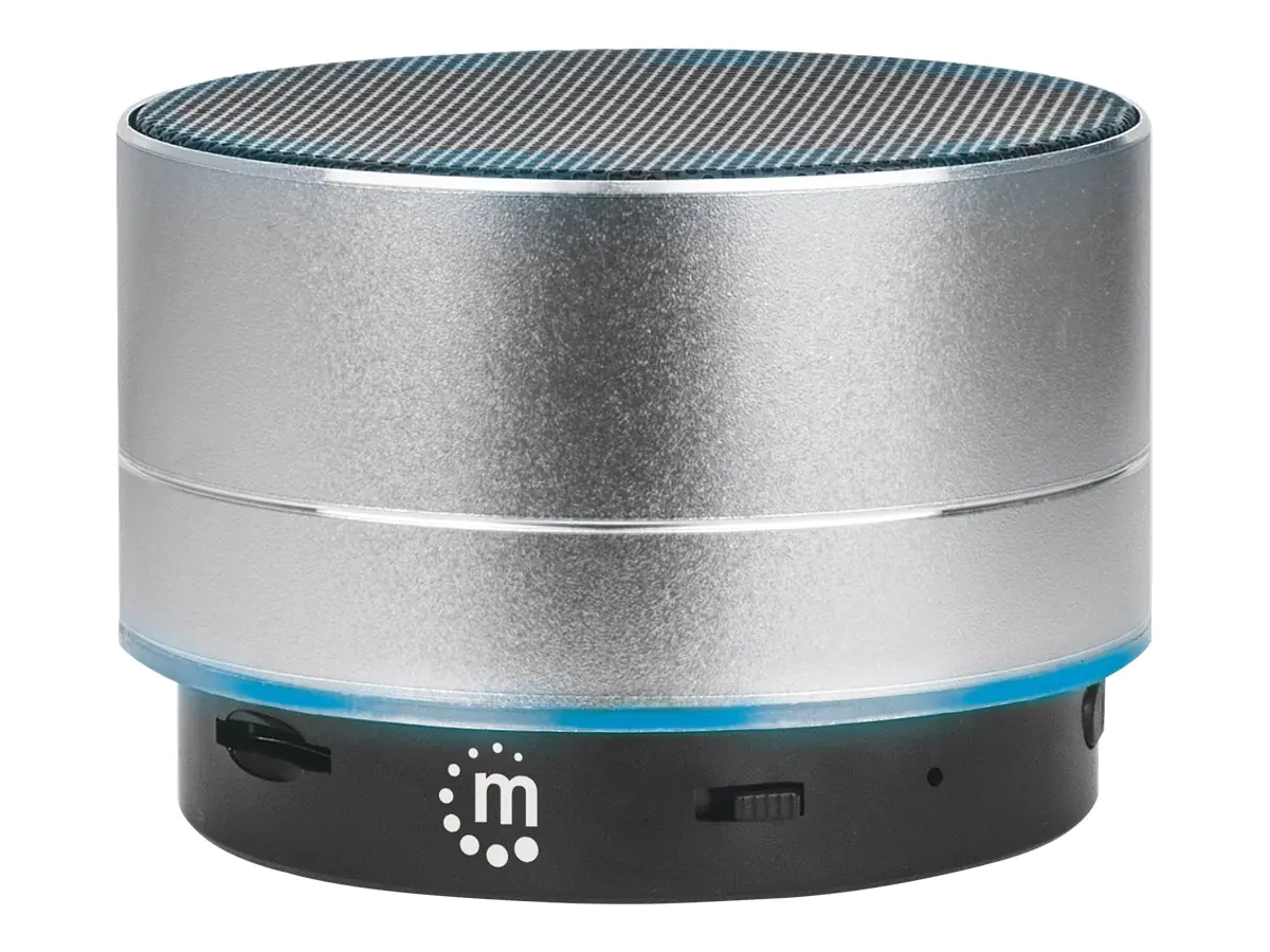 Manhattan Metallic Bluetooth Speaker (Clearance Pricing), Splashproof, Range 10m, microSD card reader, Aux 3.5mm connector, USB-A charging cable included (5V charging), Silver, Three Years Warranty - Lautsprecher - tragbar - kabellos - Bluetooth - Silber