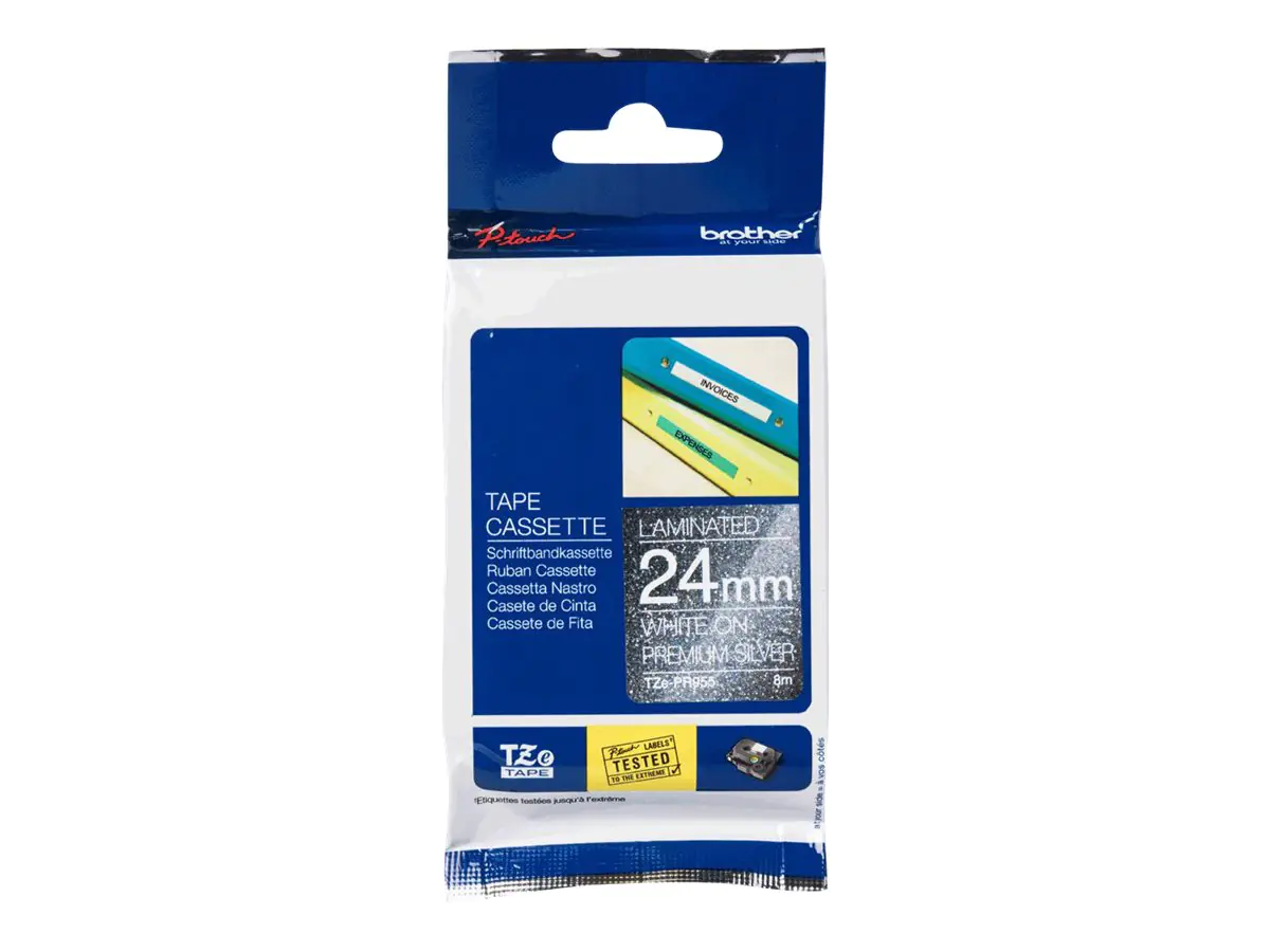 Brother TZe-PR955 - Weißer Druck auf Premium Glitter Silver - Rolle (2,4 cm x 8 m)