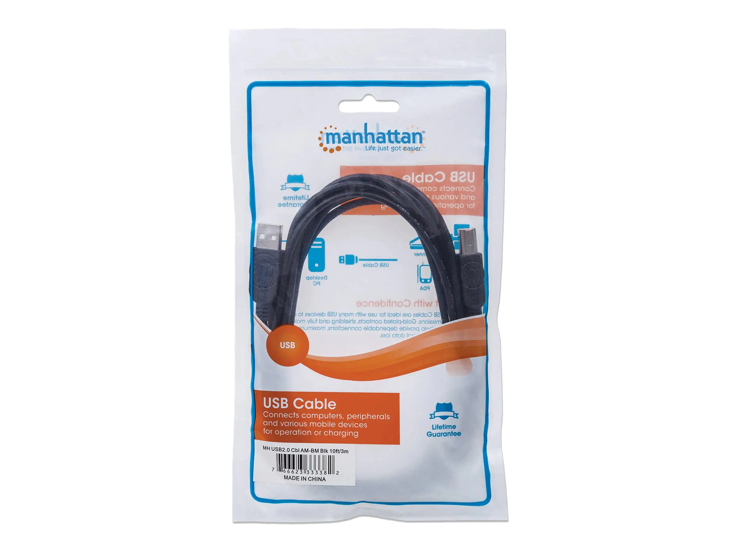 Manhattan USB-A to USB-B Cable, 3m, Male to Male, 480 Mbps (USB 2.0), Hi-Speed USB, Black, Lifetime Warranty, Polybag - USB-Kabel - USB (M) zu USB Typ B (M) - USB 2.0 - 3 m - geformt - Schwarz