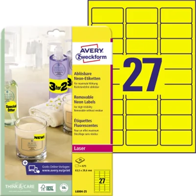 Avery Zweckform Etikett L6004-25 63,5x29,6mm neongelb 675 St./Pack. Avery Zweckform Etikett L6004-25 63,5x29,6mm neongelb 675 St./Pack.