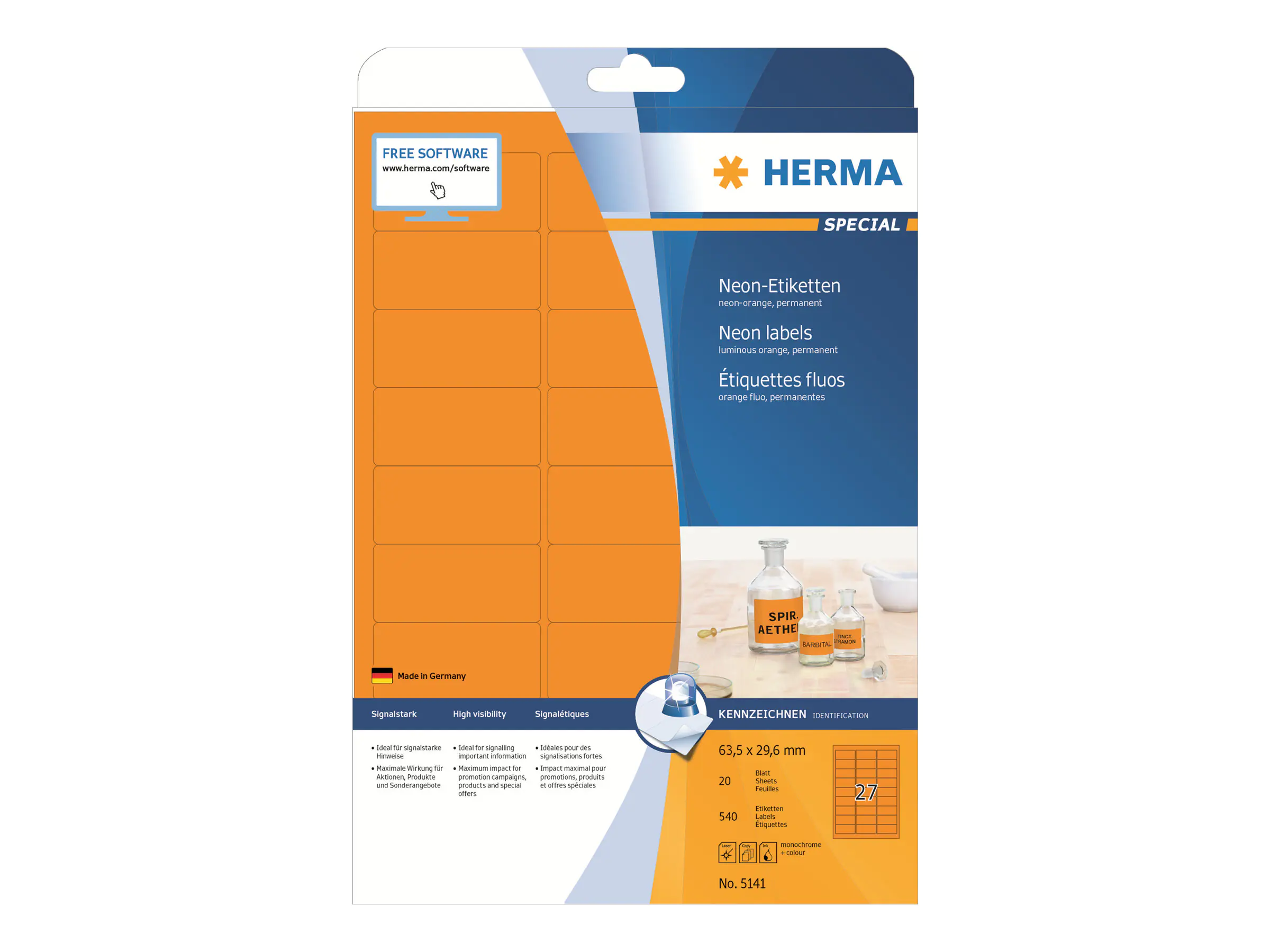 HERMA Etikett 5141 63,5x29,6mm neonorange 540 St./Pack.