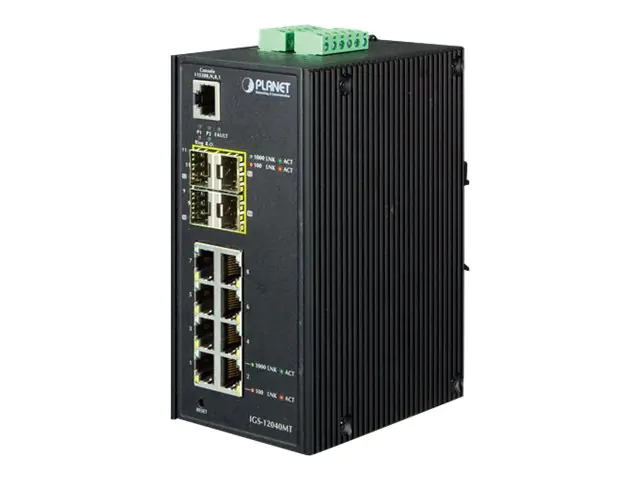 PLANET IGS-12040MT - Switch - managed - 8 x 10/100/1000 + 4 x Gigabit SFP - an DIN-Schiene montierbar, wandmontierbar - AC 24 V / DC 12 -72 V