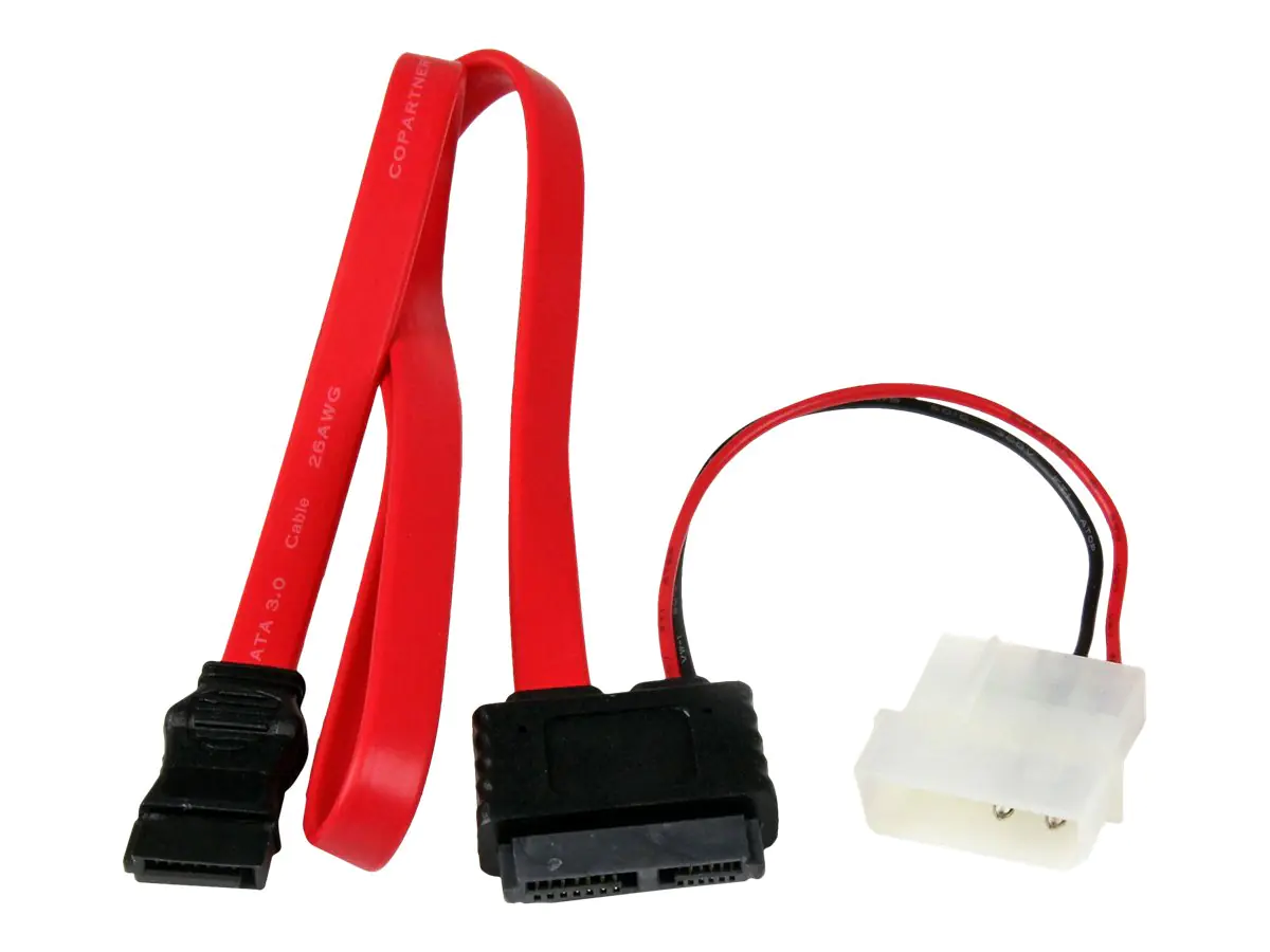StarTech SATA Slimline Kabel mit Molex Stecker - S-ATA all-in-one Anschlusskabel - 1 x Slimline SATA 1 x LP4 1 x SATA - 50cm - SATA-Kabel - Serial ATA 150/300/600 - Slimline SATA (W) zu SATA, 4-Pin interner Netzanschluss (12 V) - 50.8 cm - Rot