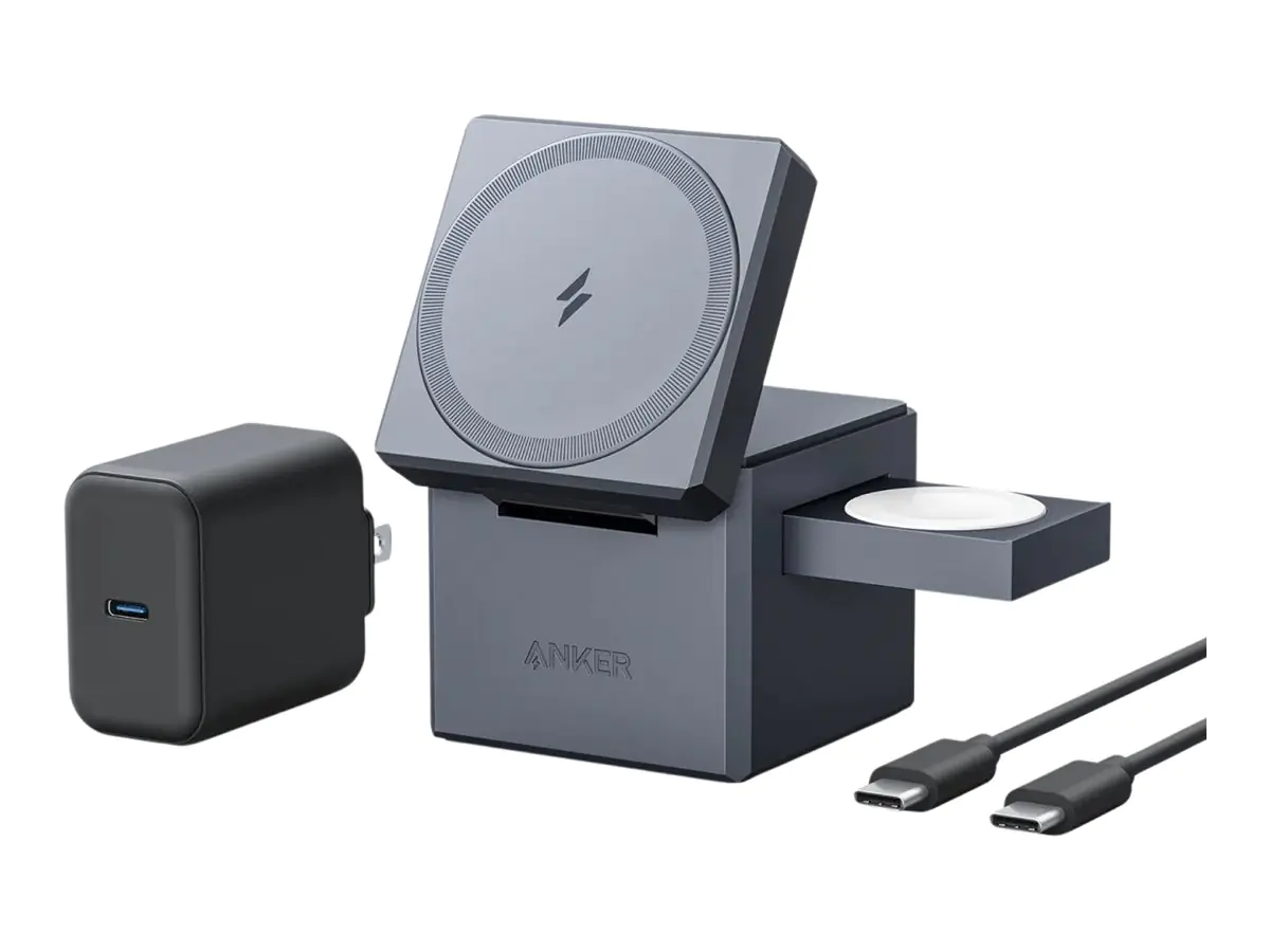 Anker 3-in-1 Cube - Kabelloses Ladegerät - mit MagSafe + AC-Netzteil - 15 Watt - MFI-zertifiziert - Schwarz Anker 3-in-1 Cube - Kabelloses Ladegerät - mit MagSafe + AC-Netzteil - 15 Watt - MFI-zertifiziert - Schwarz