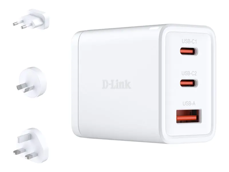 D-Link DCP-651 - Netzteil - GaN - 65 Watt - 5 A - PD 3.0, QC 4.0 - 3 Ausgabeanschlussstellen (2 x USB-C, USB Typ A)