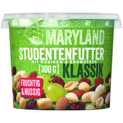MARYLAND Studentenfutter Klassik Erdnüssen, Cashewkernen, Mandeln, Rosinen 300 g/Pack. MARYLAND Studentenfutter Klassik Erdnüssen, Cashewkernen, Mandeln, Rosinen 300 g/Pack.