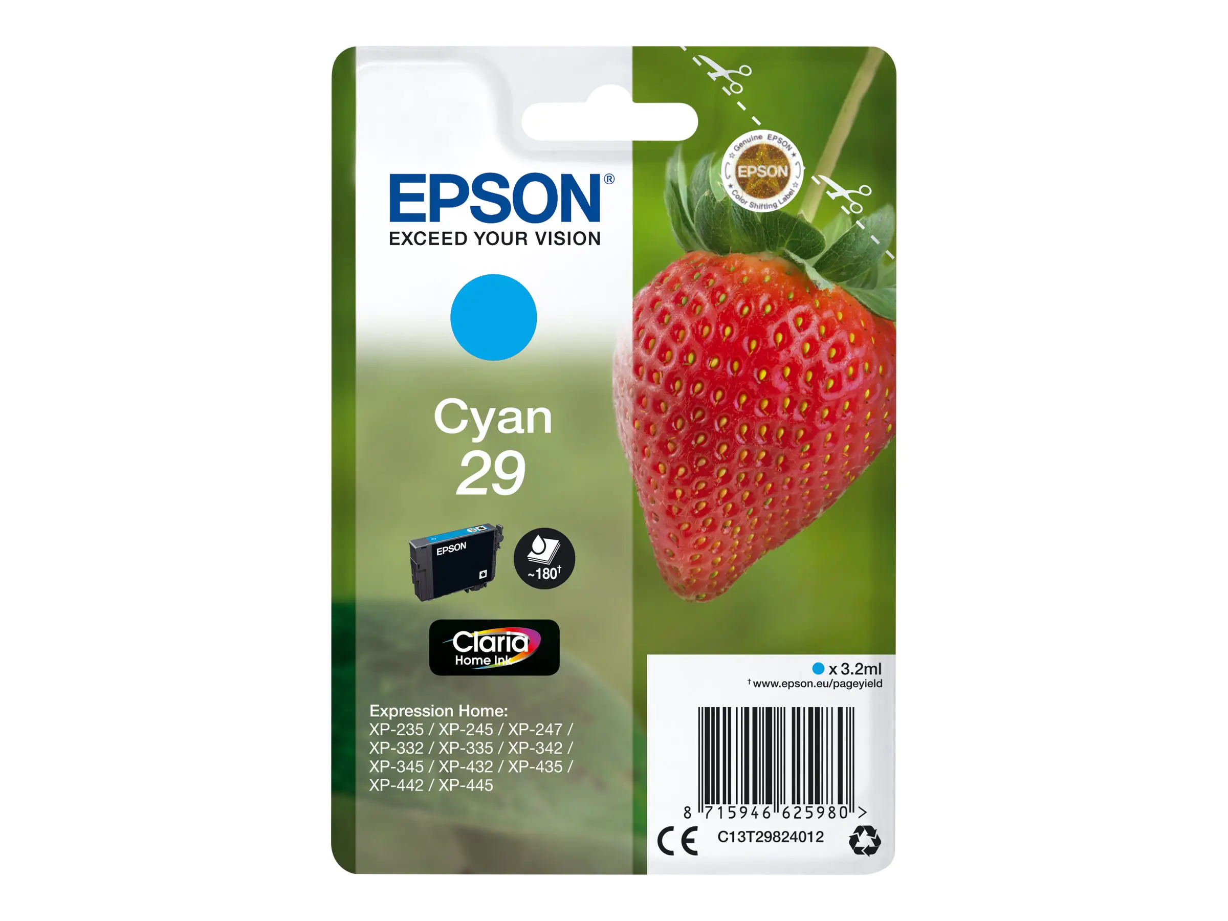 Epson 29 - 3.2 ml - Cyan - Original - Blisterverpackung - Tintenpatrone - für Expression Home XP-245, 247, 255, 257, 332, 342, 345, 352, 355, 435, 442, 445, 452, 455