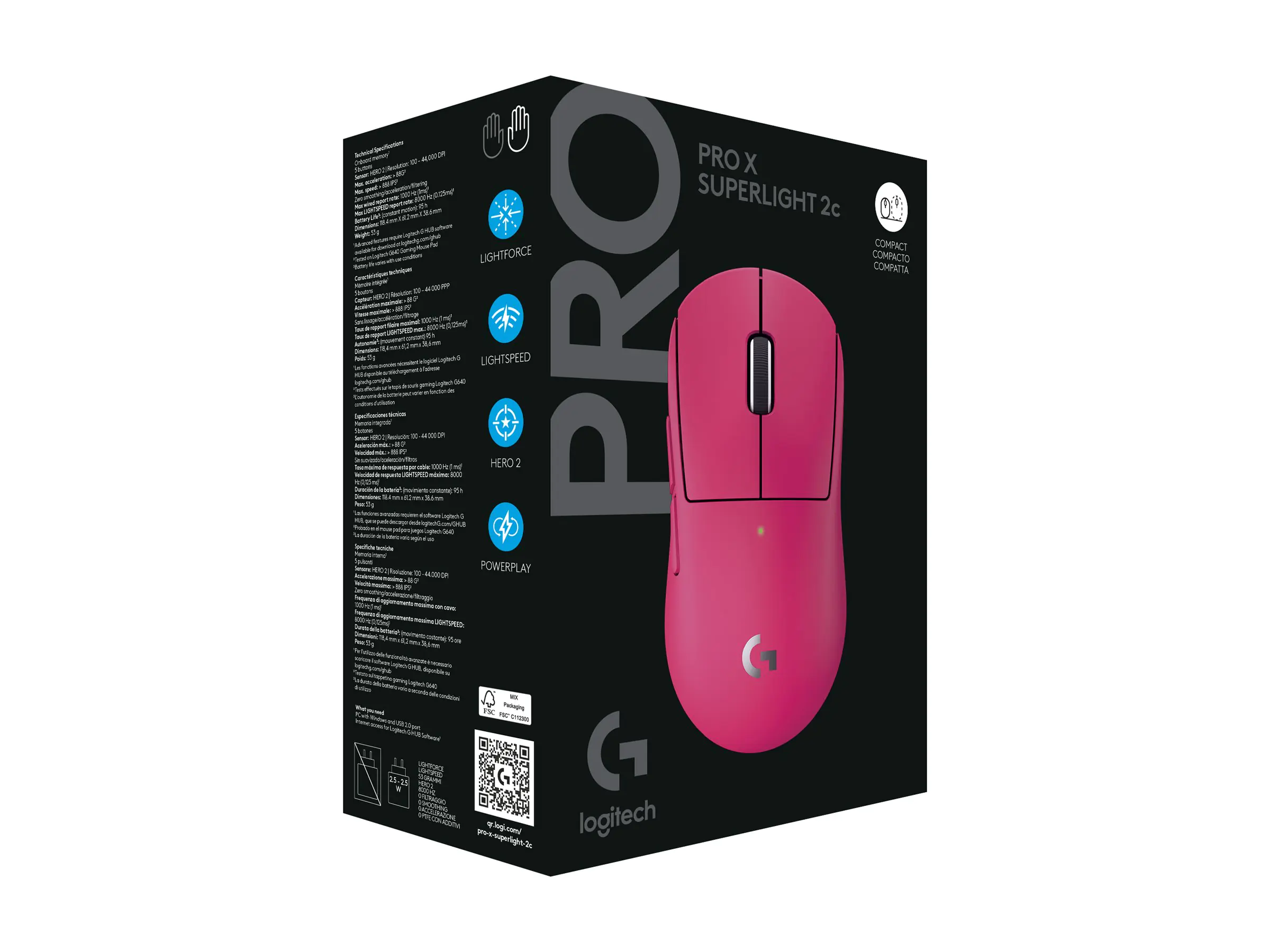 Logitech G PRO X SUPERLIGHT 2C - Maus - 5 Tasten - kabellos, kabelgebunden - 2.4 GHz, USB - pink